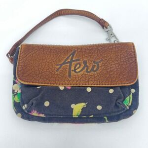 Aeropostale Floral Fabric Faux Leather Wristlet Boho Cottage Core Earthy Cute